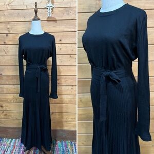 Fincati Black Cashmere Wool Sweater Maxi Dress Pleated Belted Long Sleeve Large